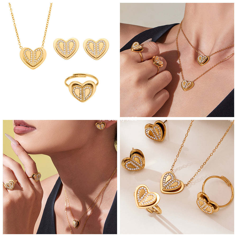 D관 - 18K 도금 스테인리스 스틸 큐빅 더블 하트 반지 귀걸이 목걸이 [TXP446] 25.10-4