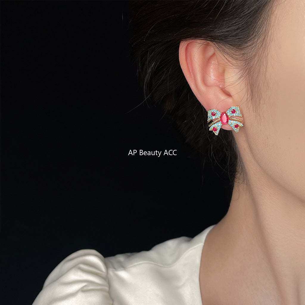 C관 - 블루 리본 큐빅 14K 도금 925 은침 귀걸이 [6234] 25.06-2