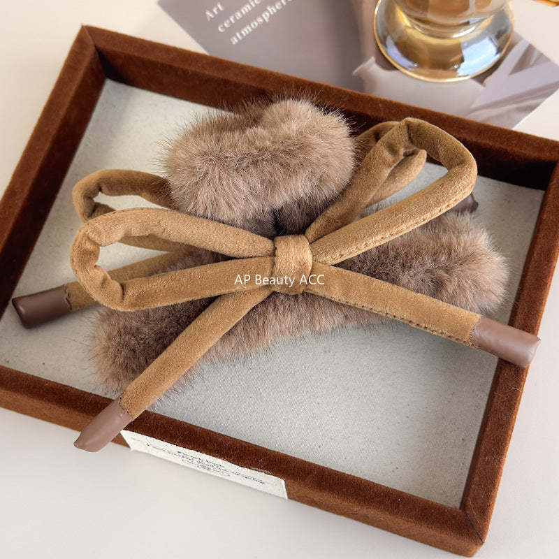 E관 - 브라운 퍼 리본 대형 집게핀 [27715] 25.11-4