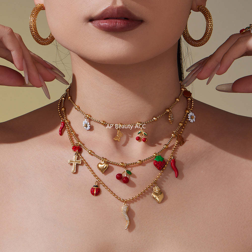 D관 - 스테인리스 스틸 큐빅 체리 딸기 펜던트 목걸이 팔찌 반지 [TXP437] 25.10-4