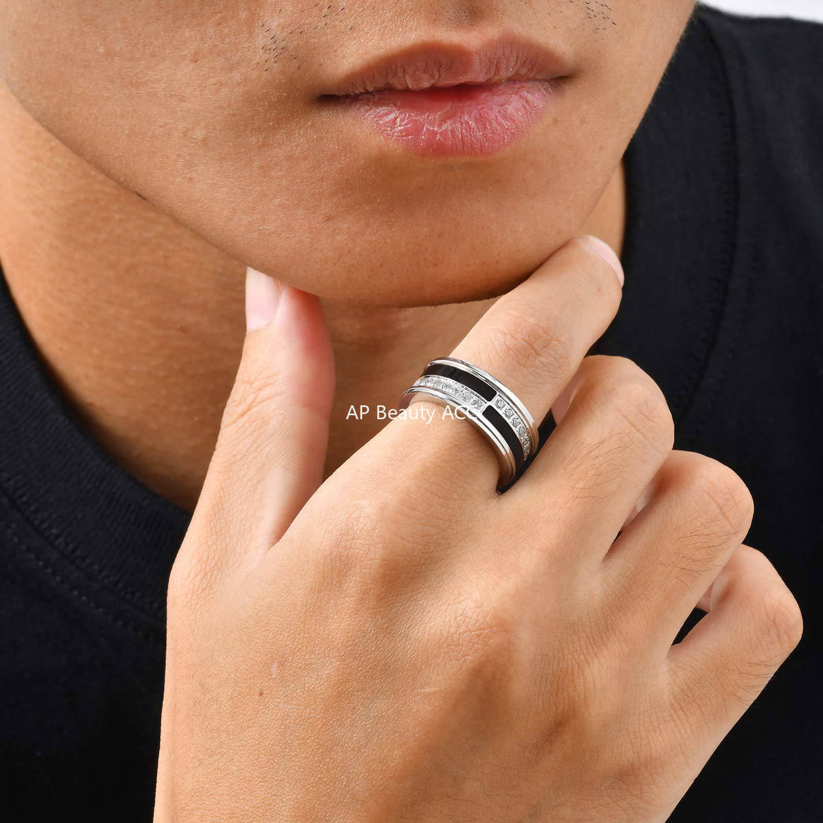 G관 - 블랙 화이트 큐빅 스테인리스 스틸 반지 [RC-970] 25.12-2