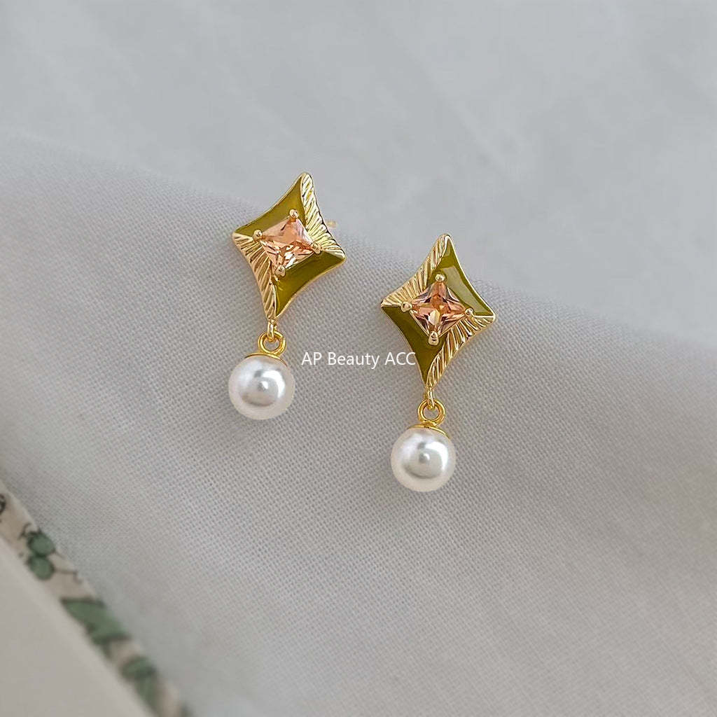 C관 - 925 은침 다이아몬드 모양 큐빅 진주 귀걸이 [7216] 25.12-3