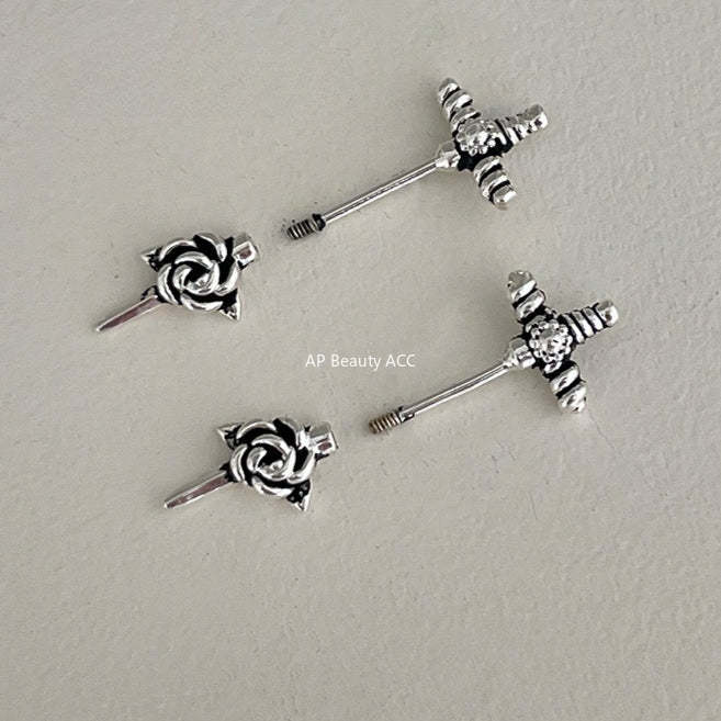 A관 - 925 은침 권총 장미 십자가 모양 피어싱 귀걸이 [EH-4190] 25.10-5