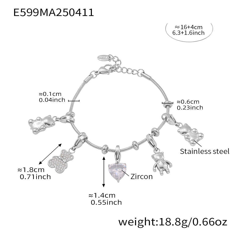 D관 - 곰돌이 하트 큐빅 스테인리스 스틸 18K 도금 팔찌 [E599-E600] 25.04-3