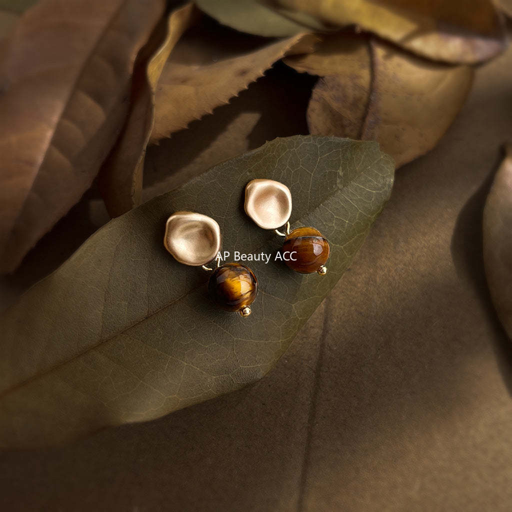 C관 - 925 은침 레트로 비정형 골드 천연석 호안석 귀걸이 [6994] 25.10-5