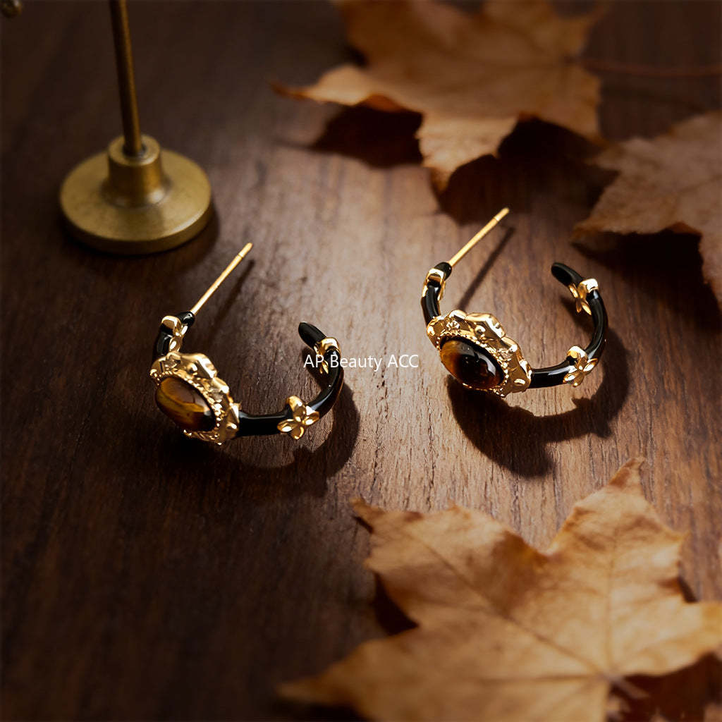 C관 - 천연 호안석 빈티지 에나멜 C형 귀걸이 [7238] 25.12-3