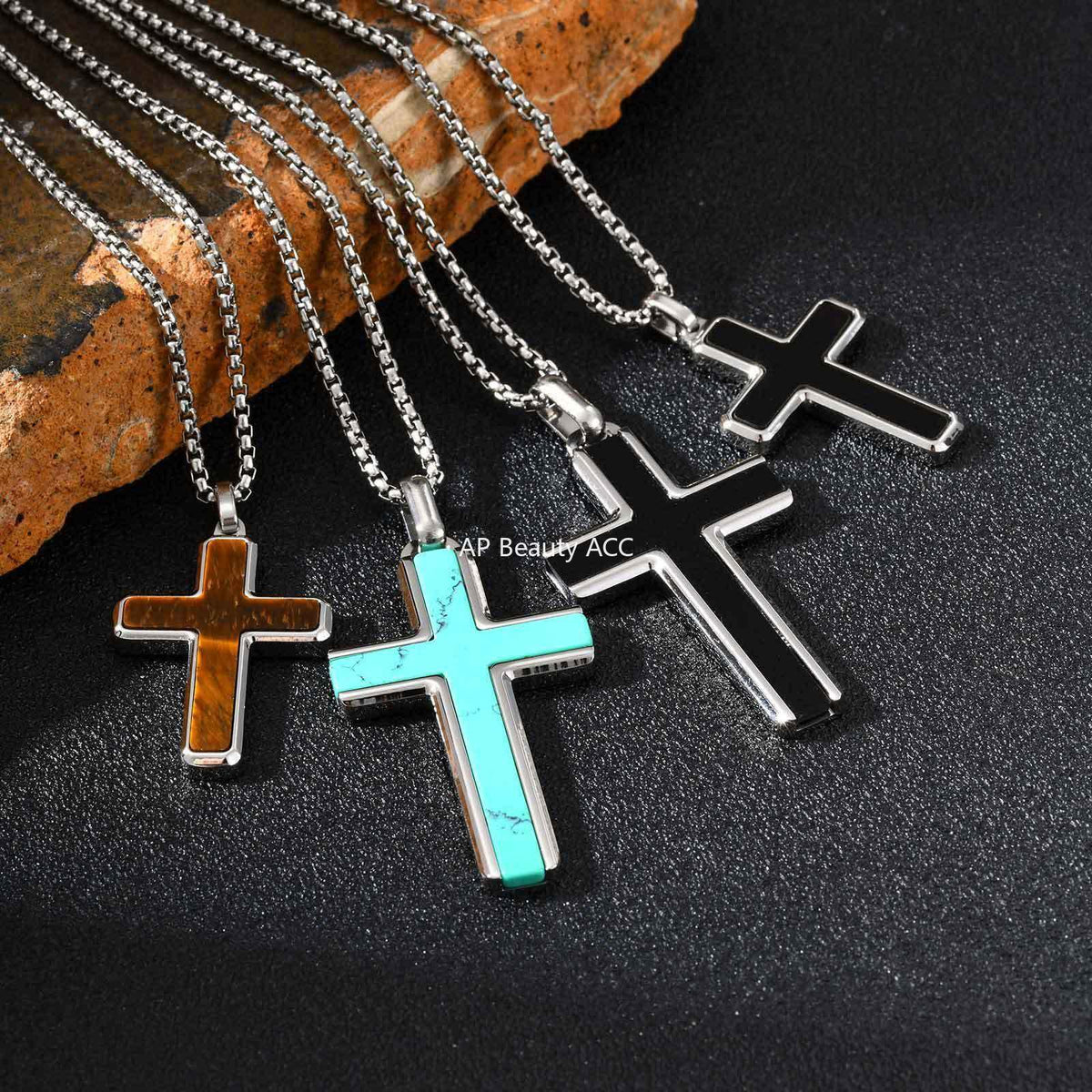 G관 - 스테인리스 스틸 십자가 터키석 호안석 펜던트 목걸이 [PN-2224] 25.12-2
