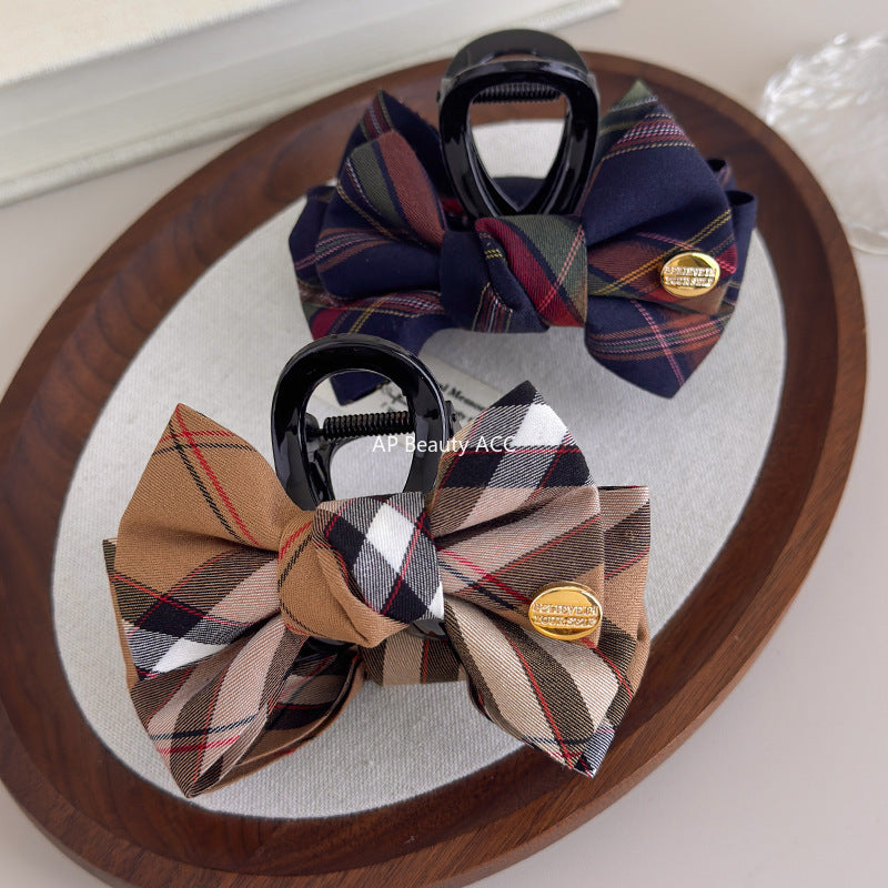 E관 - 브리티시 빈티지 체크 리본 패브릭 집게핀 [27564] 25.10-3