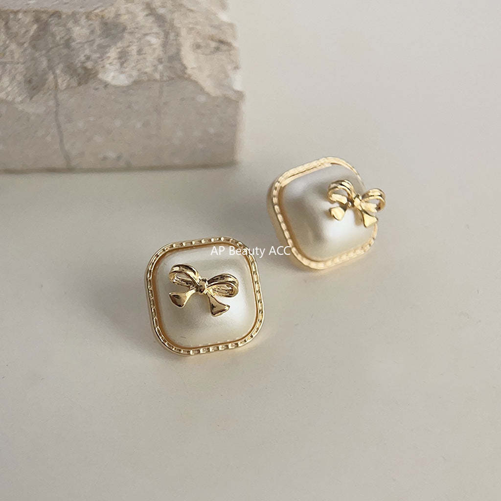 C관 - 고급스러운 사각형 기하학 진주 리본 14K 도금 우아한 귀걸이 [3863] 24.04-3