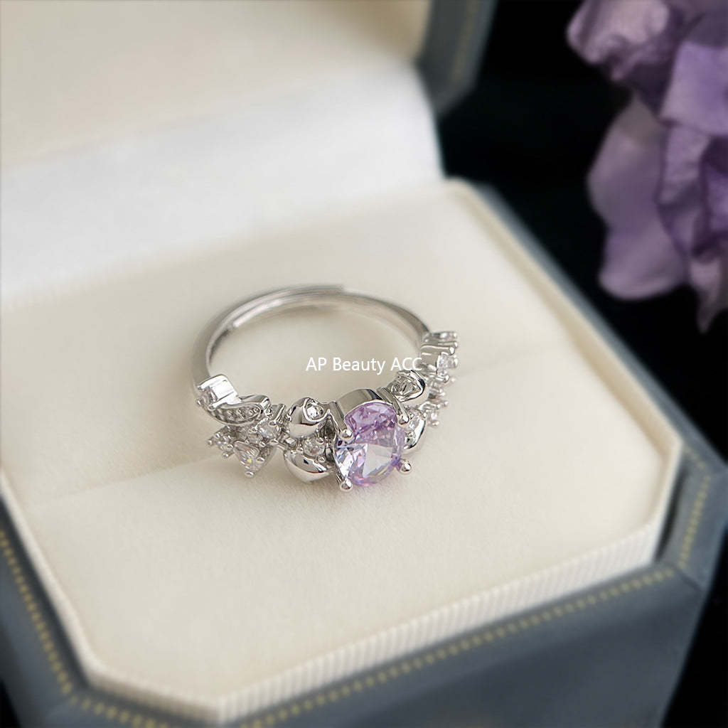 C관 - 화이트골드 도금 퍼플 큐빅 플라워 오픈형 반지 [6945] 25.10-4