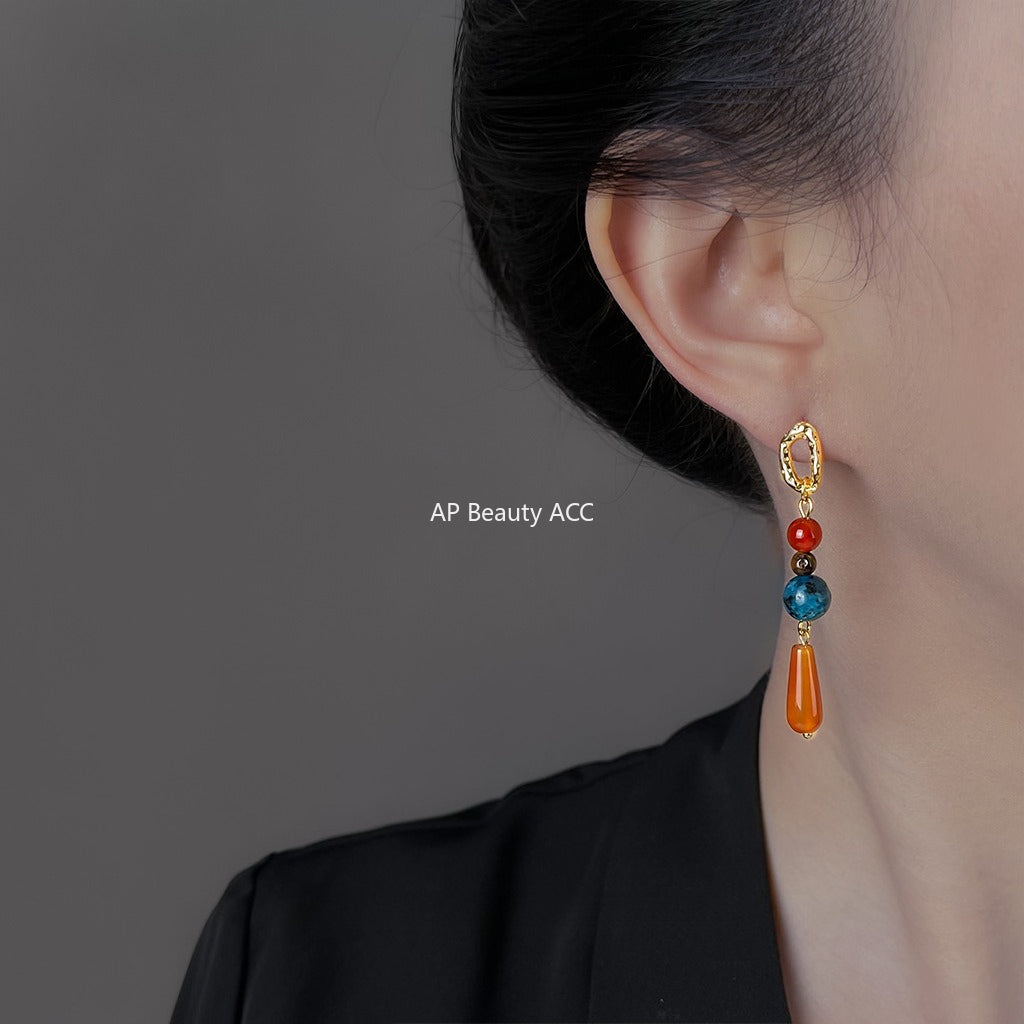 C관 - 925 은침 핸드메이드 홍마노 물방울 드롭 귀걸이 [6929] 25.10-3