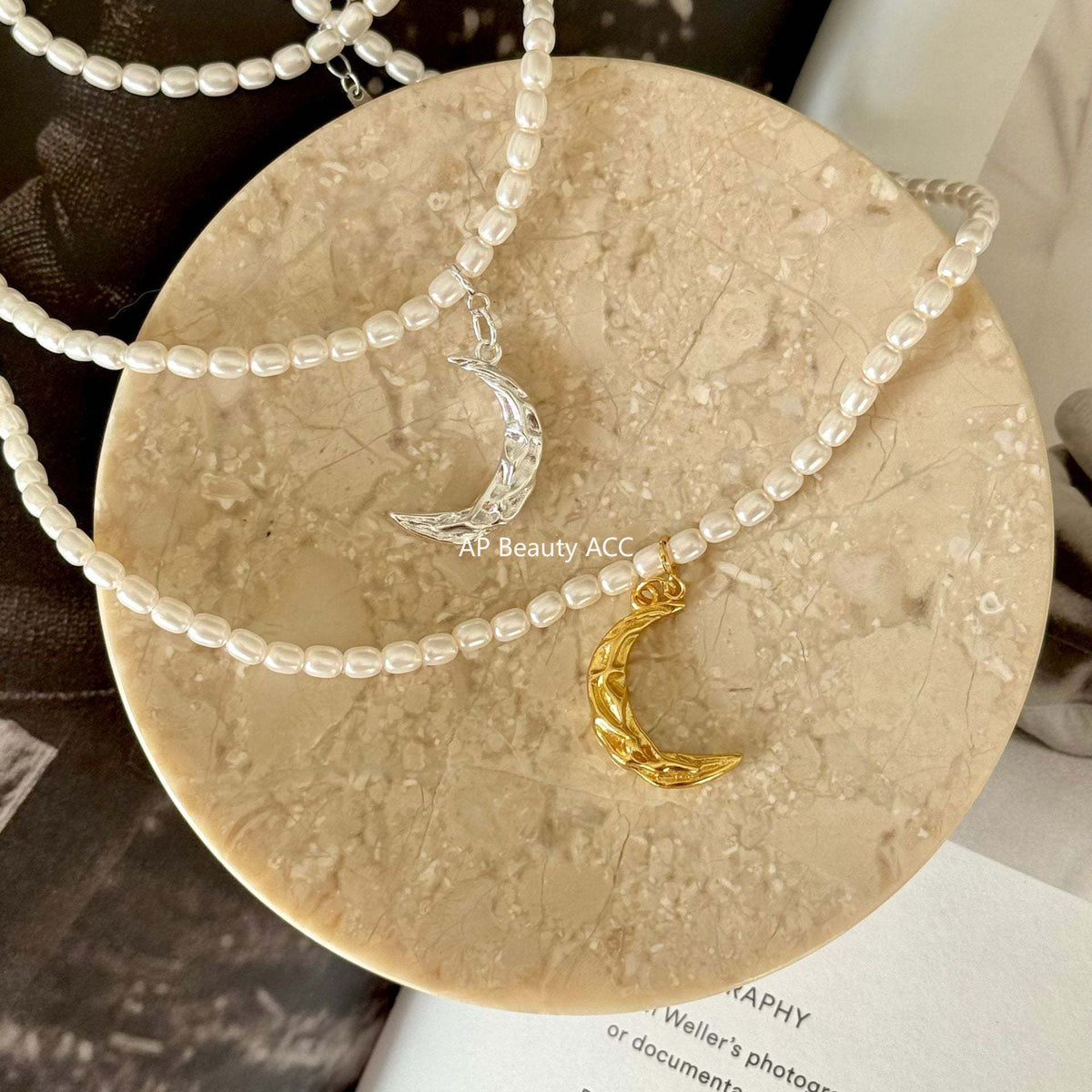 F관 - 925 실버 달 주름무늬 모조 진주 목걸이 [B869] 25.10-5