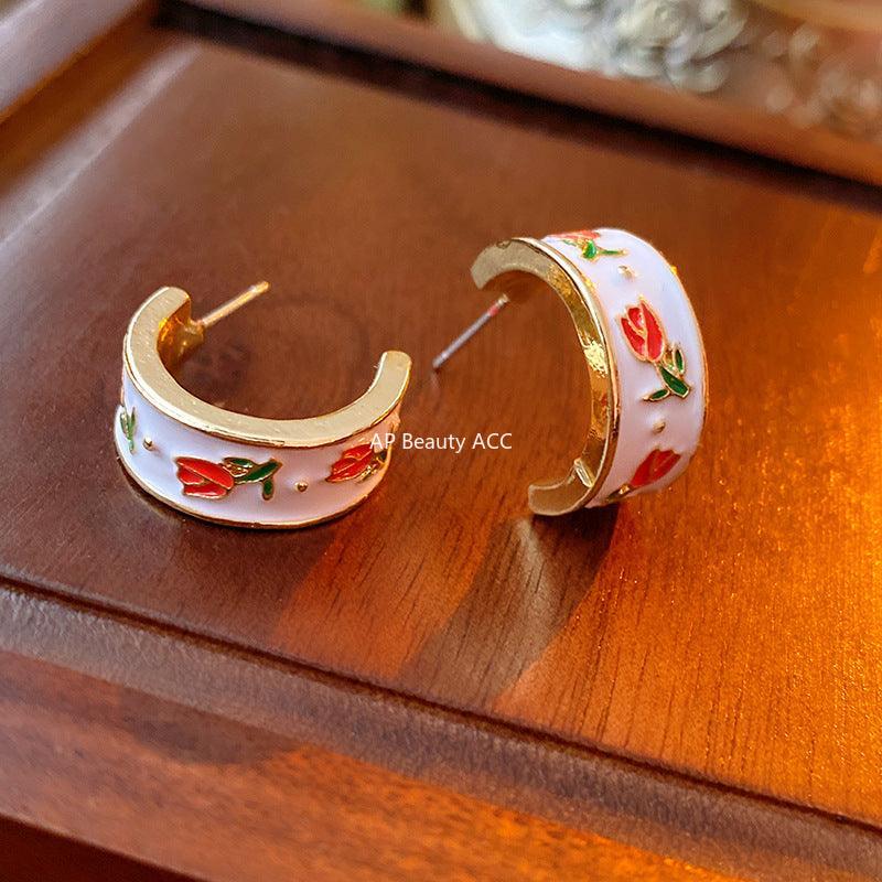 C관 - 오일 코팅 튤립 플라워 디자인 프렌치 레트로 실버 귀걸이 [E8321] 24.03-2