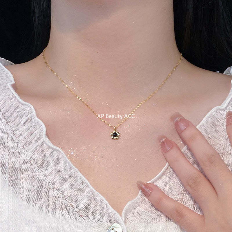 B관 - 925 실버 블랙 스톤 플라워 목걸이 [YC3967N] 24.10-4
