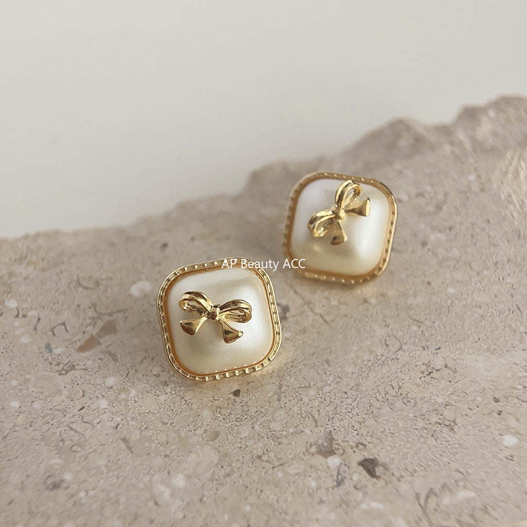 C관 - 고급스러운 사각형 기하학 진주 리본 14K 도금 우아한 귀걸이 [3863] 24.04-3