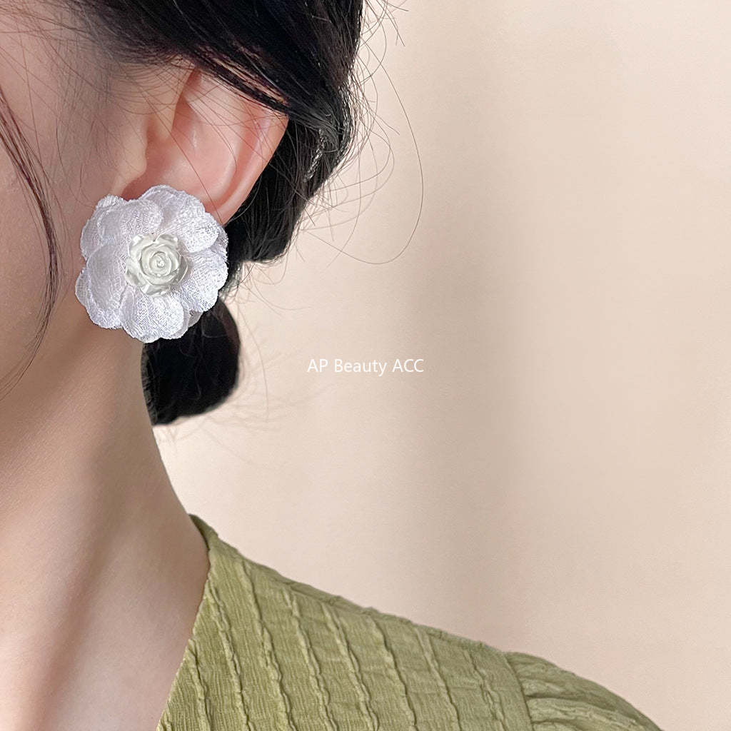 C관 - 화이트 망사 꽃 은침 14K 도금 우아한 귀걸이 [4404] 24.07-1