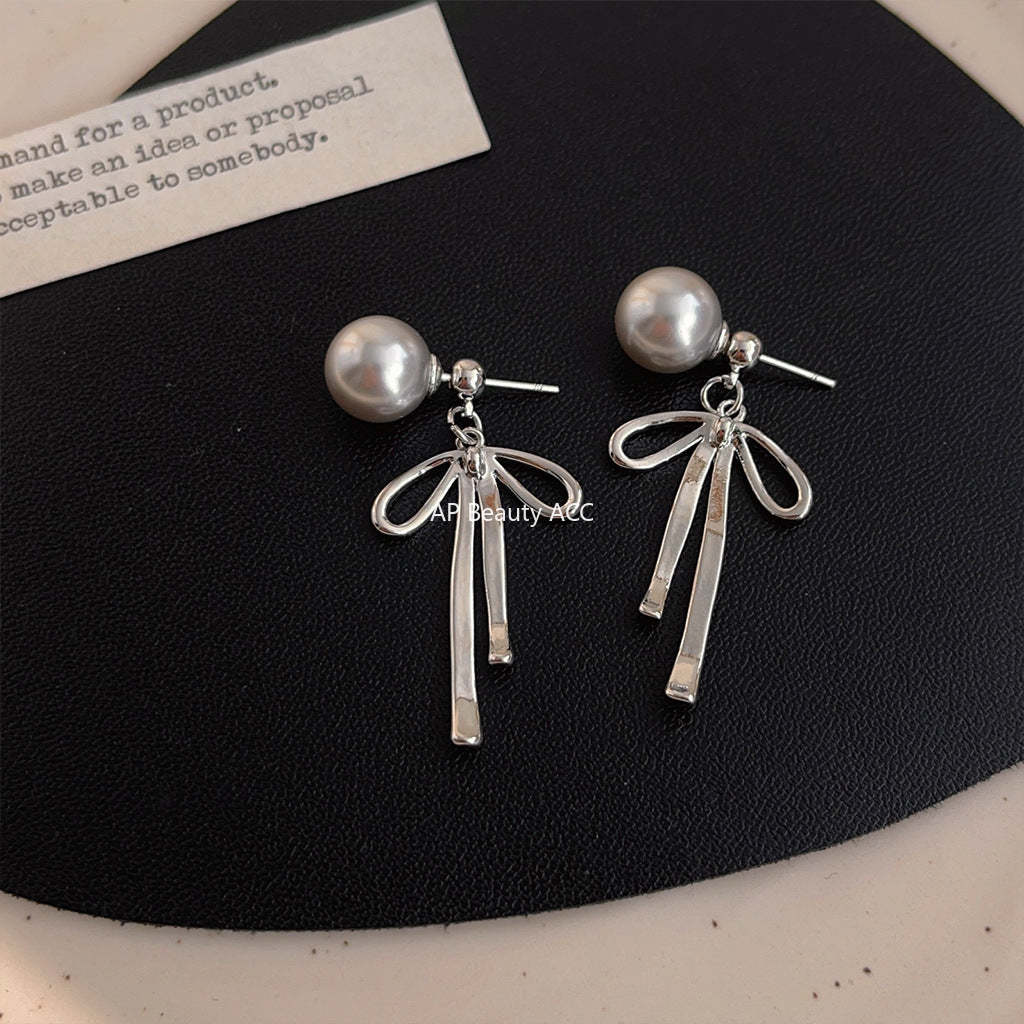 C관 - 진회색 진주 리본 디자인 2-way 착용 은침 귀걸이 [3561] 24.01-2