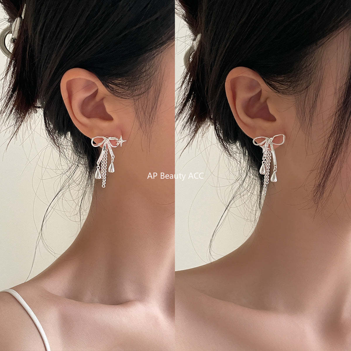 A관 - 925 은침 사각별 물방울 펜던트 비대칭 리본 귀걸이 [EH-3019] 24.07-2