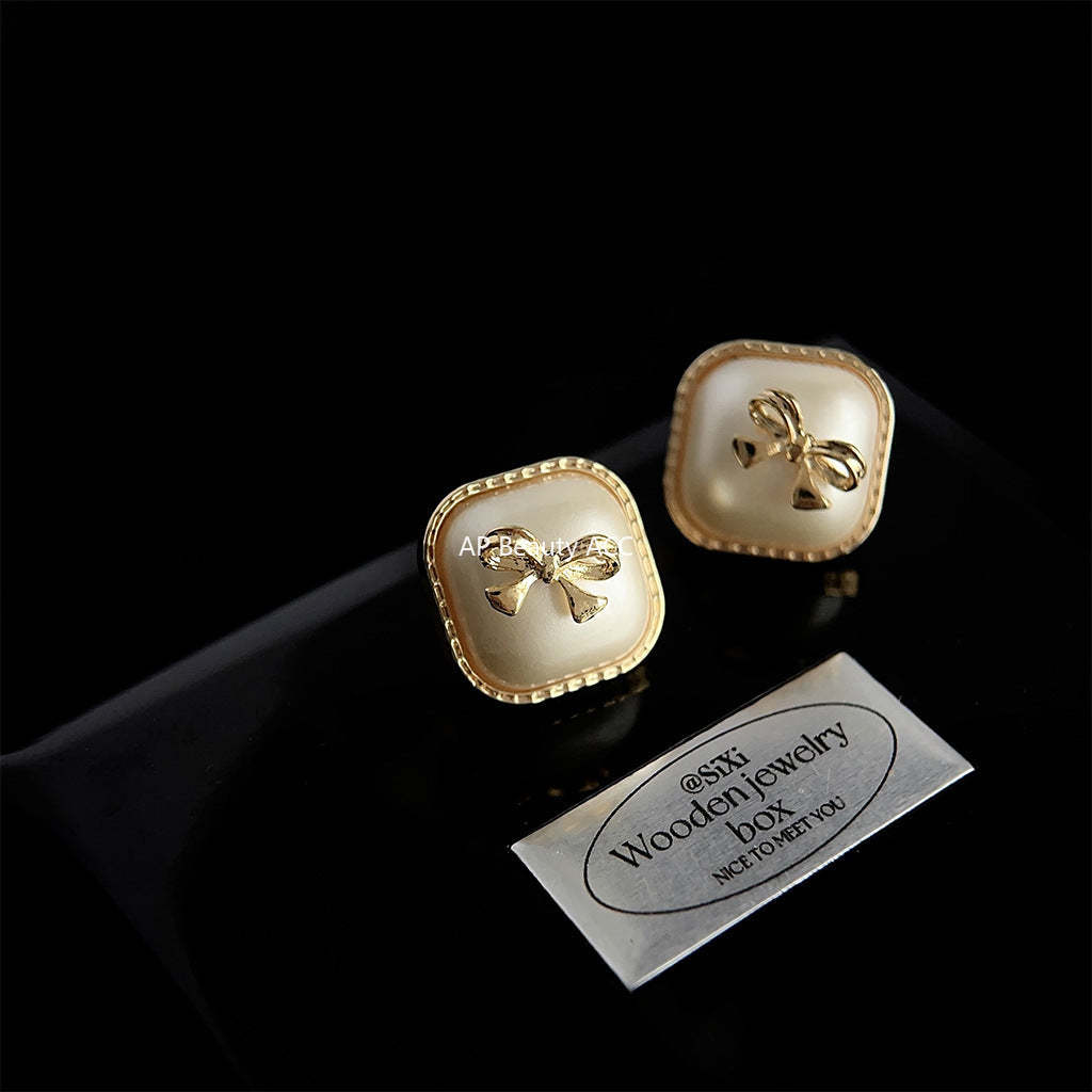 C관 - 고급스러운 사각형 기하학 진주 리본 14K 도금 우아한 귀걸이 [3863] 24.04-3