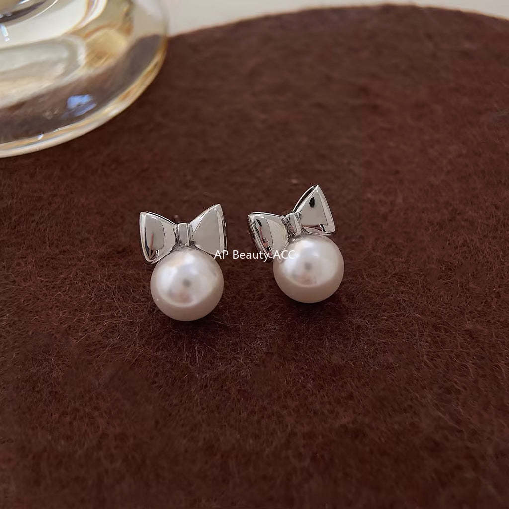 C관 - 고급스러운 글라스 진주 리본 14K 도금 은침 귀걸이 [3847-3848] 24.04-3