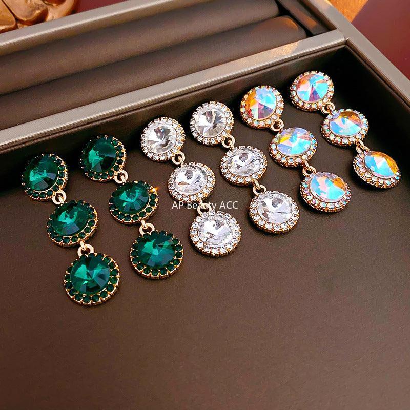 C관 - 실버 큐빅 롱 원형 컬러 크리스탈 유럽풍 모던 귀걸이 [E5450] 24.02-1