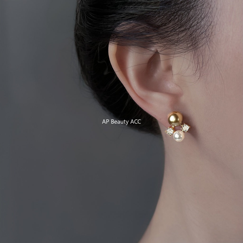 C관 - 925 은침 브라운 컬러 진주 큐빅 귀걸이 [6925] 25.10-3