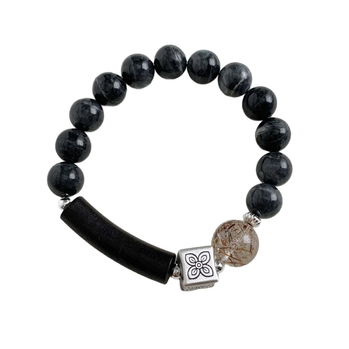 A관 - 플라워 큐브 크리스탈 침향목 먹옥 비즈 팔찌 [1611] 25.11-4