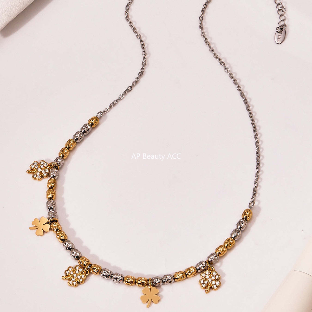 D관 - 스테인리스 투톤 네잎클로버 큐빅 펜던트 18K 도금 목걸이 팔찌 [TXP467-TXE467] 25.11-3