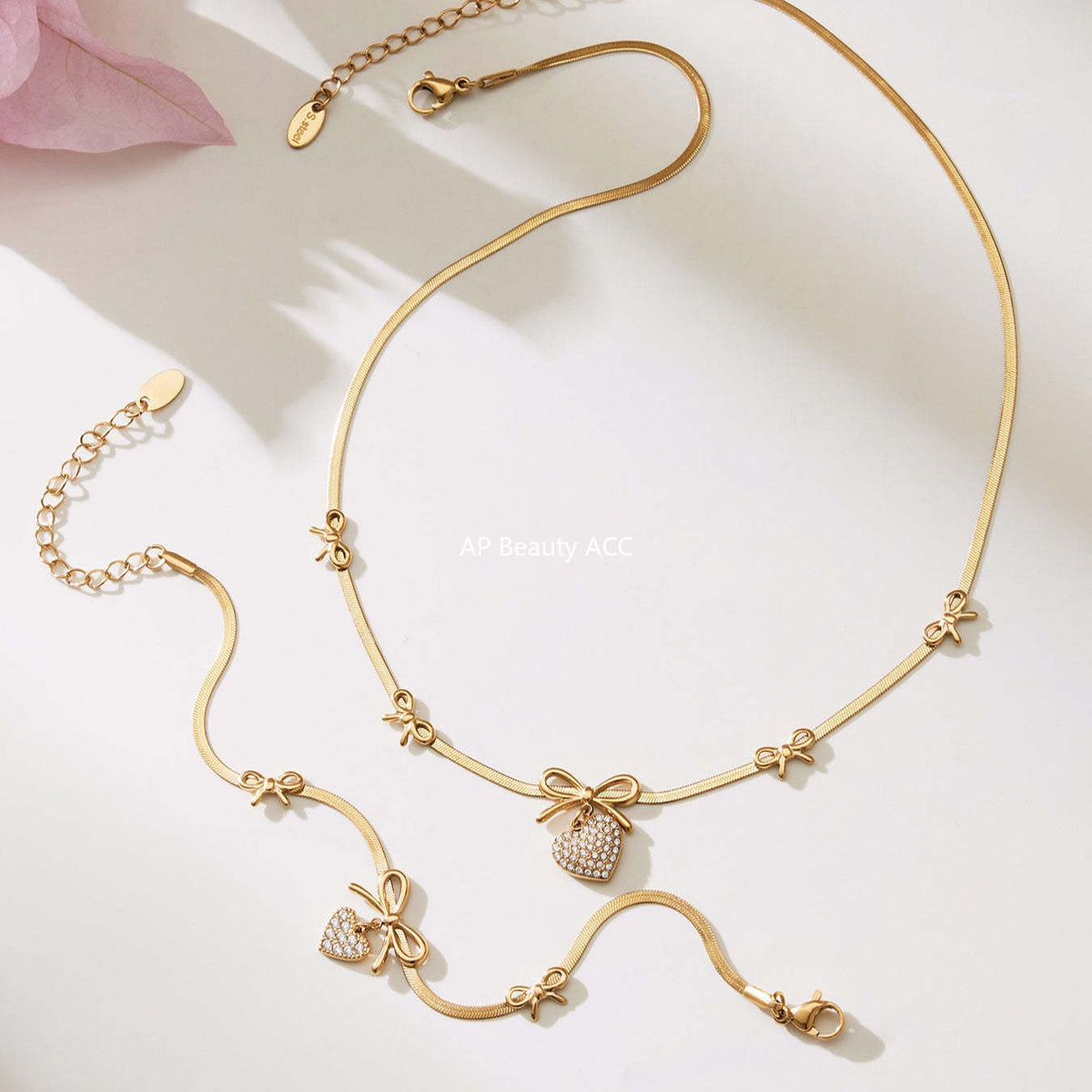 D관 - 스테인리스 스틸 리본 하트 풀큐빅 18K 도금 팔찌 목걸이 [TXP499] 25.11-4