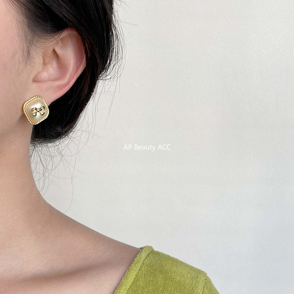 C관 - 고급스러운 사각형 기하학 진주 리본 14K 도금 우아한 귀걸이 [3863] 24.04-3