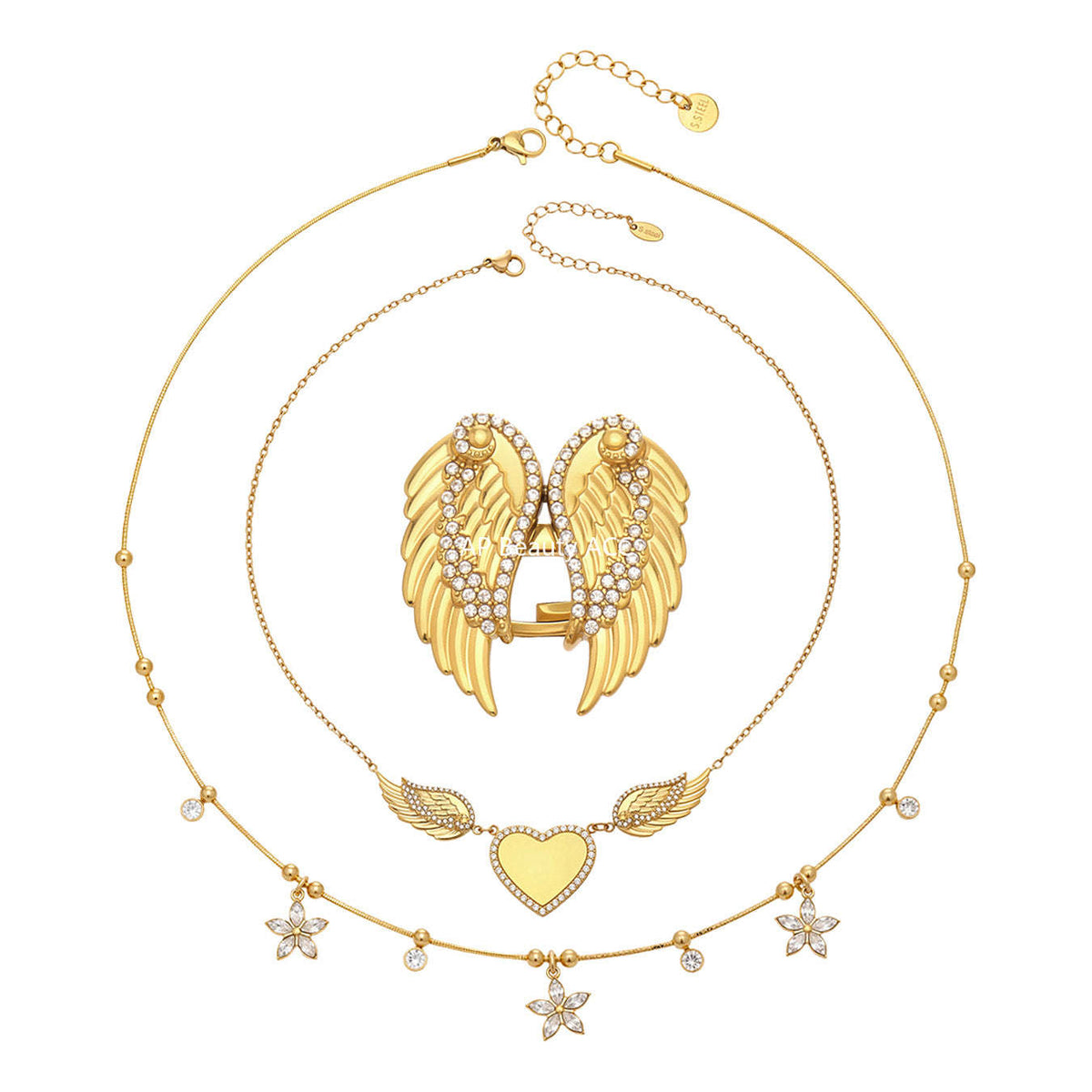 D관 - 스테인리스 스틸 18K 도금 큐빅 하트 날개 펜던트 목걸이 반지 [TXP523] 25.12-3