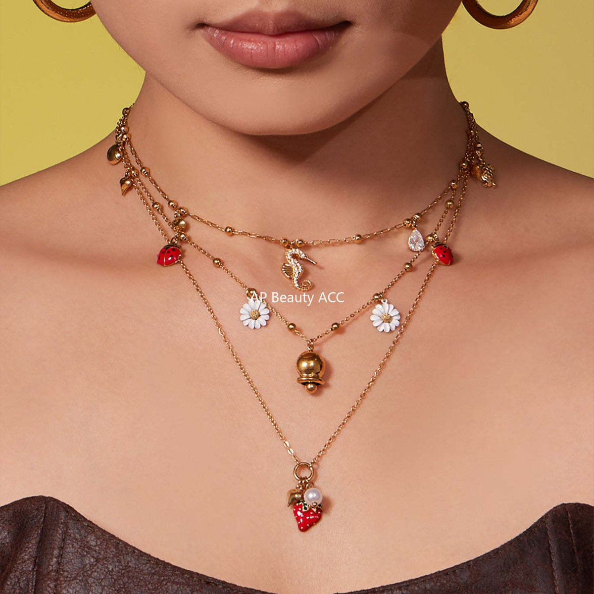 D관 - 스테인리스 스틸 해마 딸기 큐빅 펜던트 18K 도금 목걸이 [P755] 25.11-4