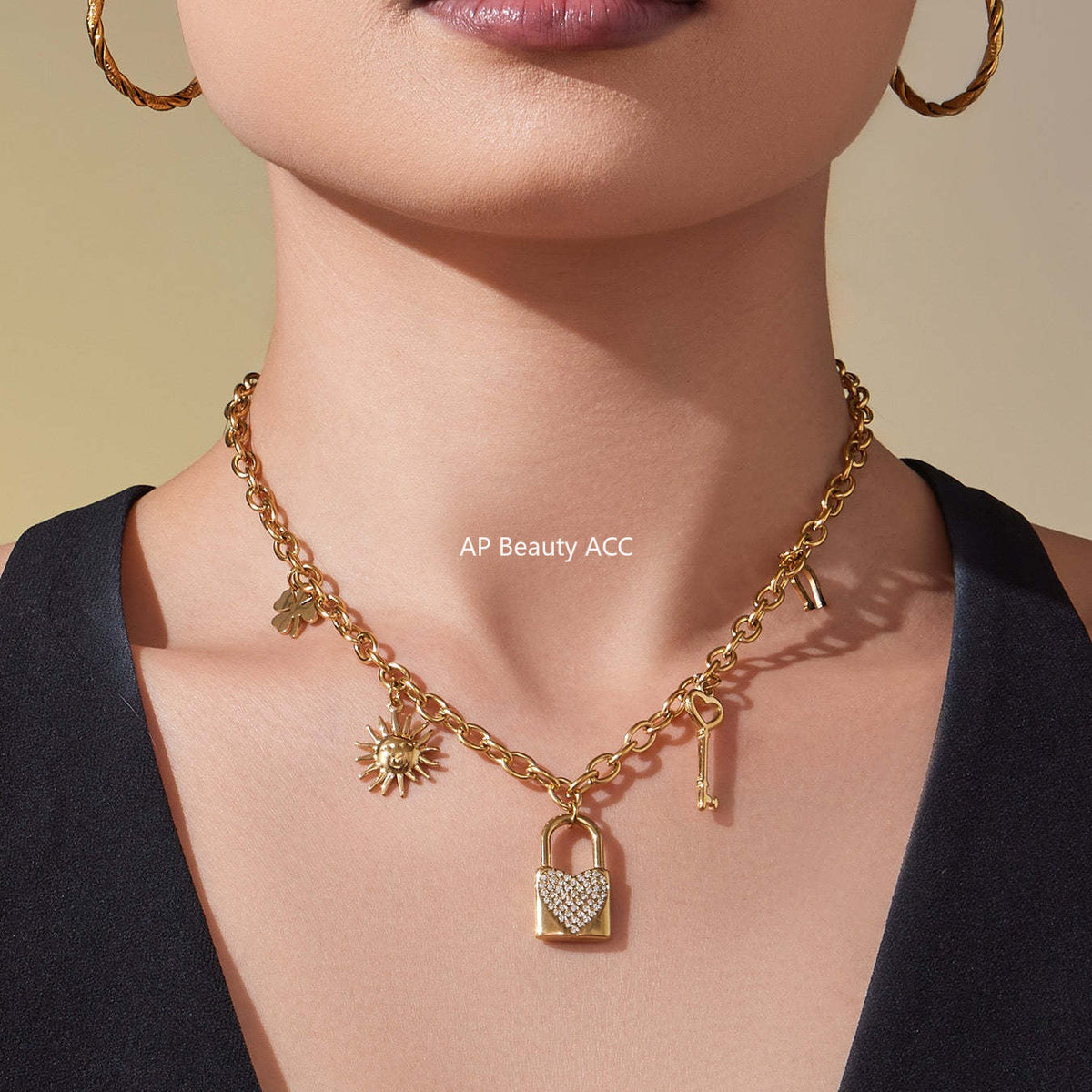 D관 - 18K 도금 스테인리스 스틸 큐빅 자물쇠 스퀘어 펜던트 목걸이 [P1322] 25.10-4