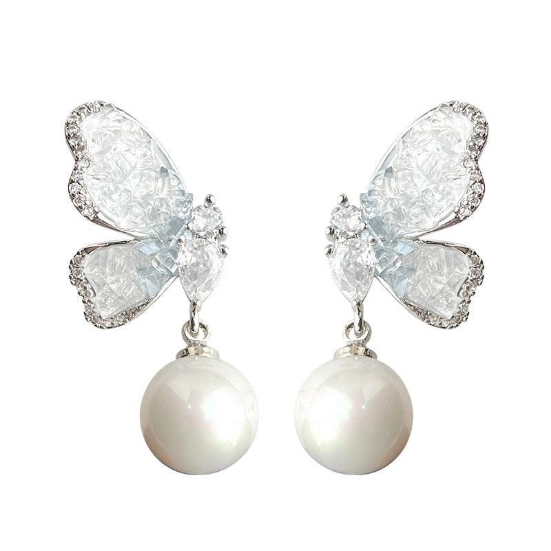 C관 - 그라데이션 블루 나비 진주 글래스 큐빅 925 은침 귀걸이 [5833] 25.04-2