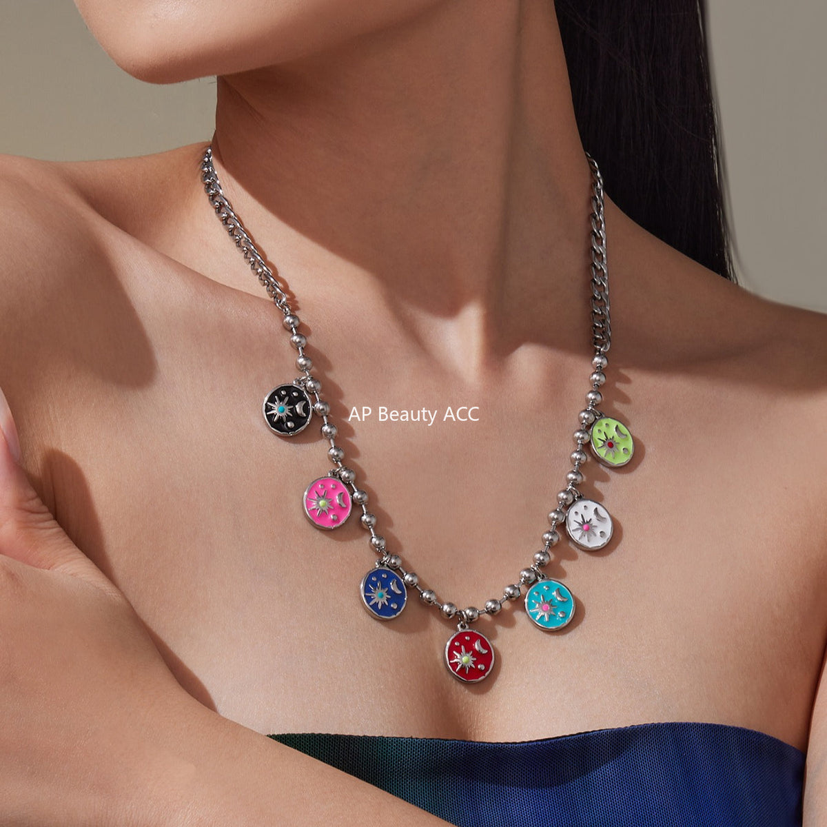 D관 - 스테인리스 스틸 에나멜 해 달 원형 펜던트 목걸이 [P158] 25.10-3