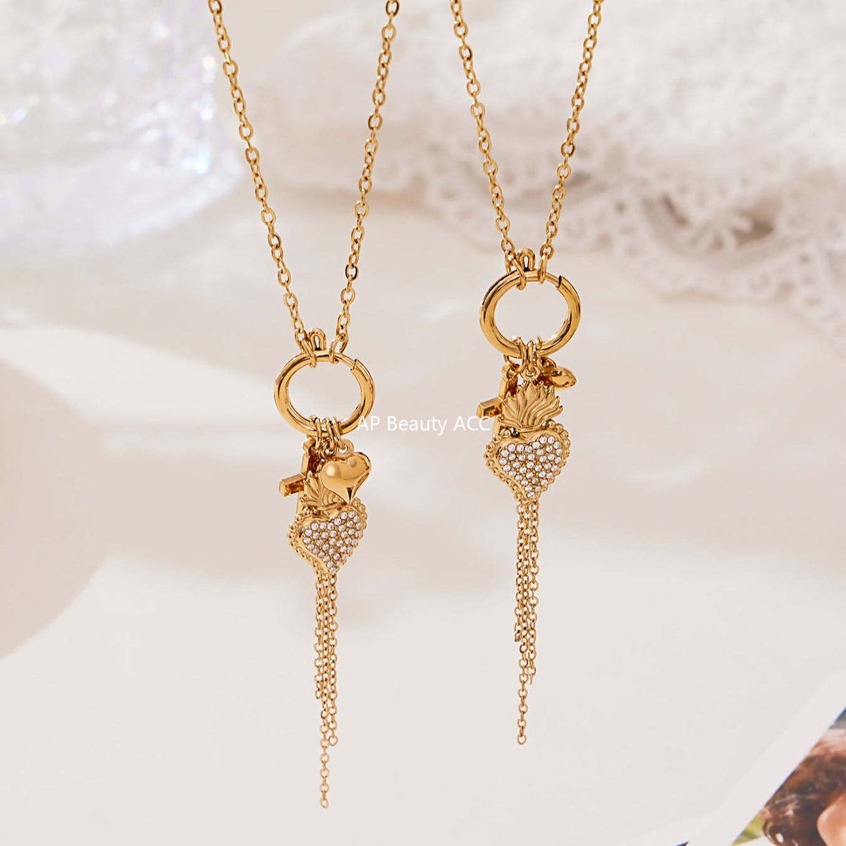 D관 - 스테인리스 스틸 큐빅 왕관 하트 드롭 펜던트 목걸이 [P1605-2] 25.10-4