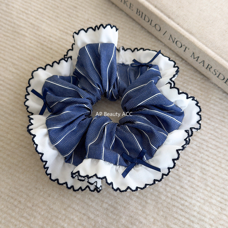 E관 - 블루 체크 패브릭 레이스 리본 곱창 헤어밴드 [26462] 25.10-2