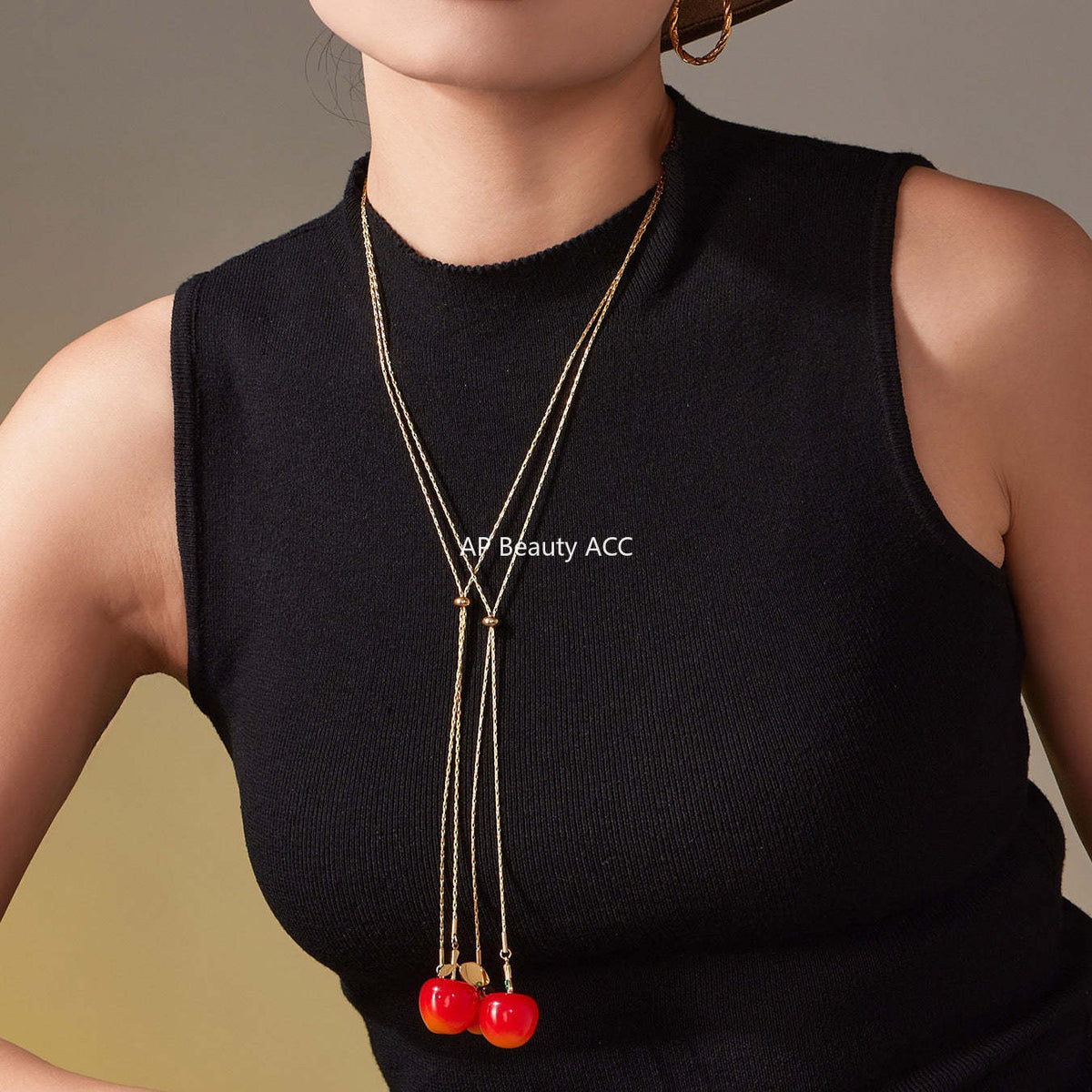 D관 - 큐빅 체리 펜던트 스테인리스 18K 도금 조절형 목걸이 [P1366] 25.11-3