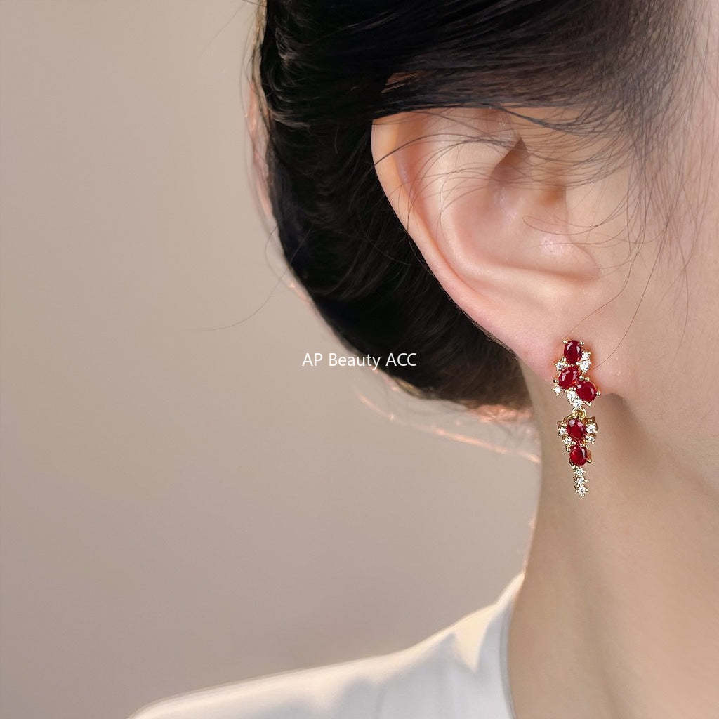 C관 - 레드 큐빅 롱태슬 밀이삭 925 은침 귀걸이 [7196] 25.12-1