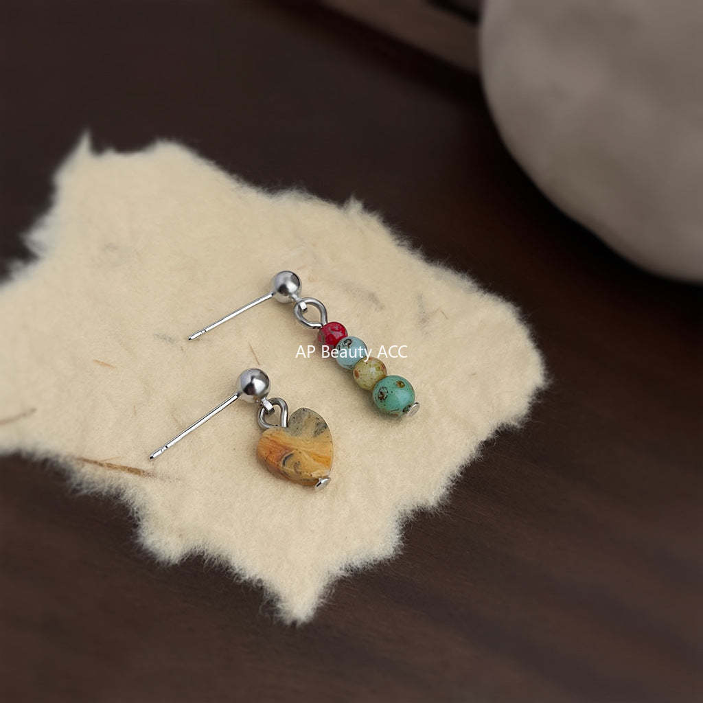 C관 - 핸드메이드 글라스 천연석 비대칭 925 은침 귀걸이 [6438] 25.07-3