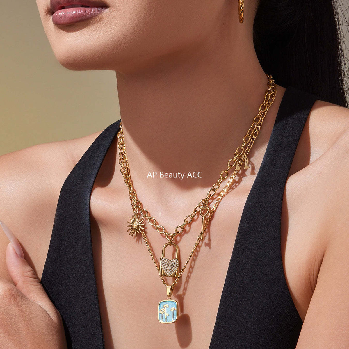 D관 - 18K 도금 스테인리스 스틸 큐빅 자물쇠 스퀘어 펜던트 목걸이 [P1322] 25.10-4