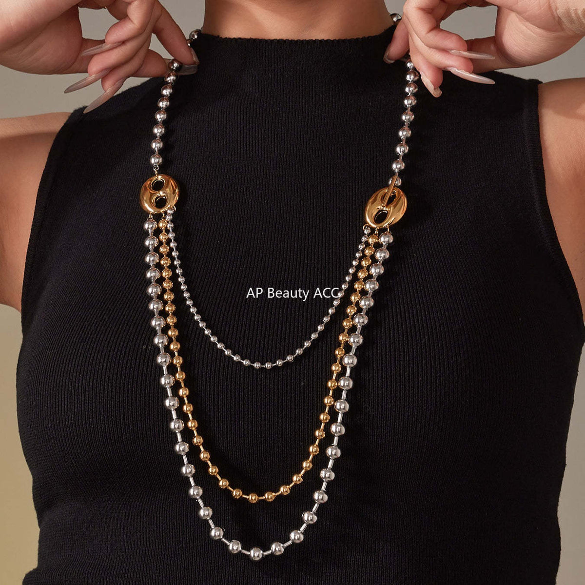 D관 - 투톤 하트 라운드 비즈 체인 레이어드 스테인리스 목걸이 [P1853] 25.11-3