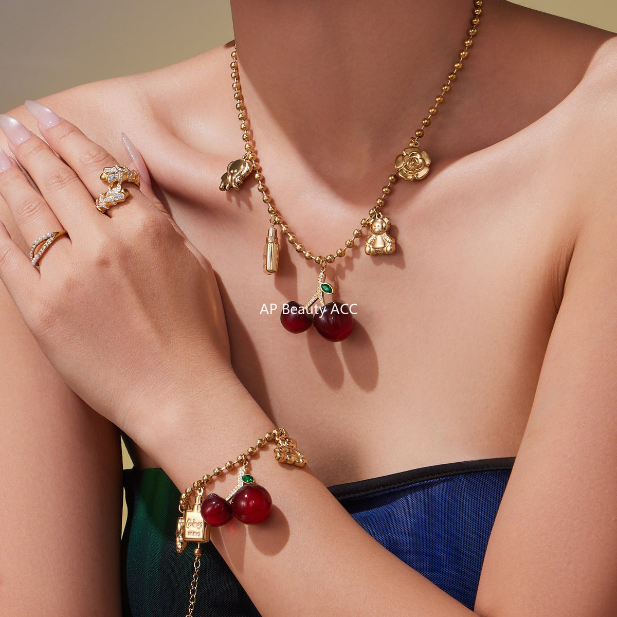 D관 - 18K 골드 도금 스테인리스 스틸 체리 펜던트 목걸이 팔찌 귀걸이 [TXP420] 25.10-1