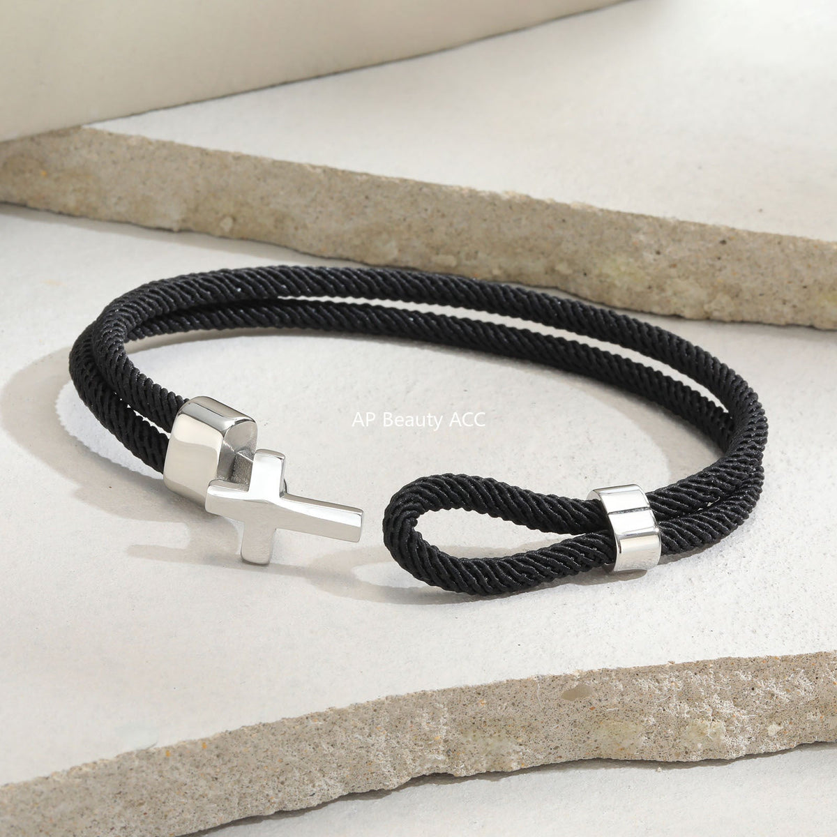 G관 - 블랙 스트랩 교차형 스테인리스 십자가 버클 팔찌 [BL-769] 25.11-1