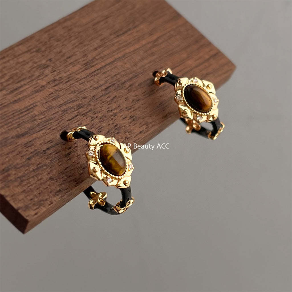 C관 - 천연 호안석 빈티지 에나멜 C형 귀걸이 [7238] 25.12-3