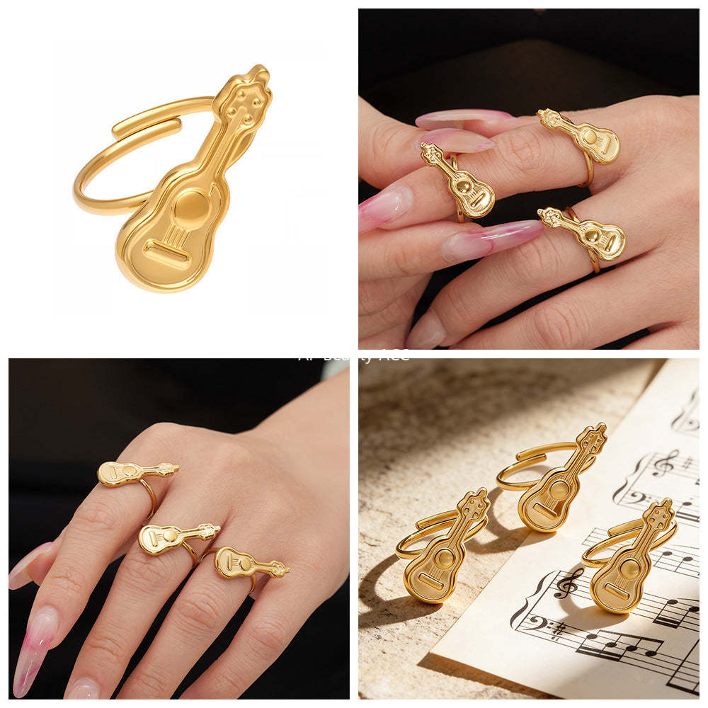 D관 - 스테인리스 스틸 18K 도금 미니 기타 오픈형 반지 [A542] 25.12-3