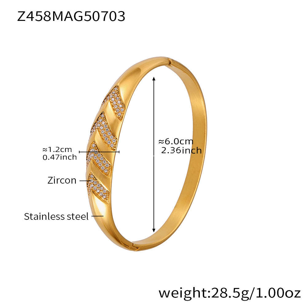 D관 - 대나무 물결 디자인 큐빅 스테인리스 스틸 18K 도금 팔찌 [Z454] 25.07-2