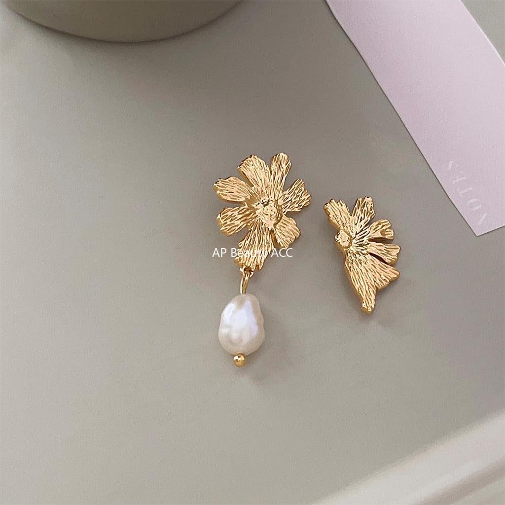 C관 - 14K 도금 프렌치 복고풍 비정형 담수 진주 꽃 은침 귀걸이 [3685] 24.03-4