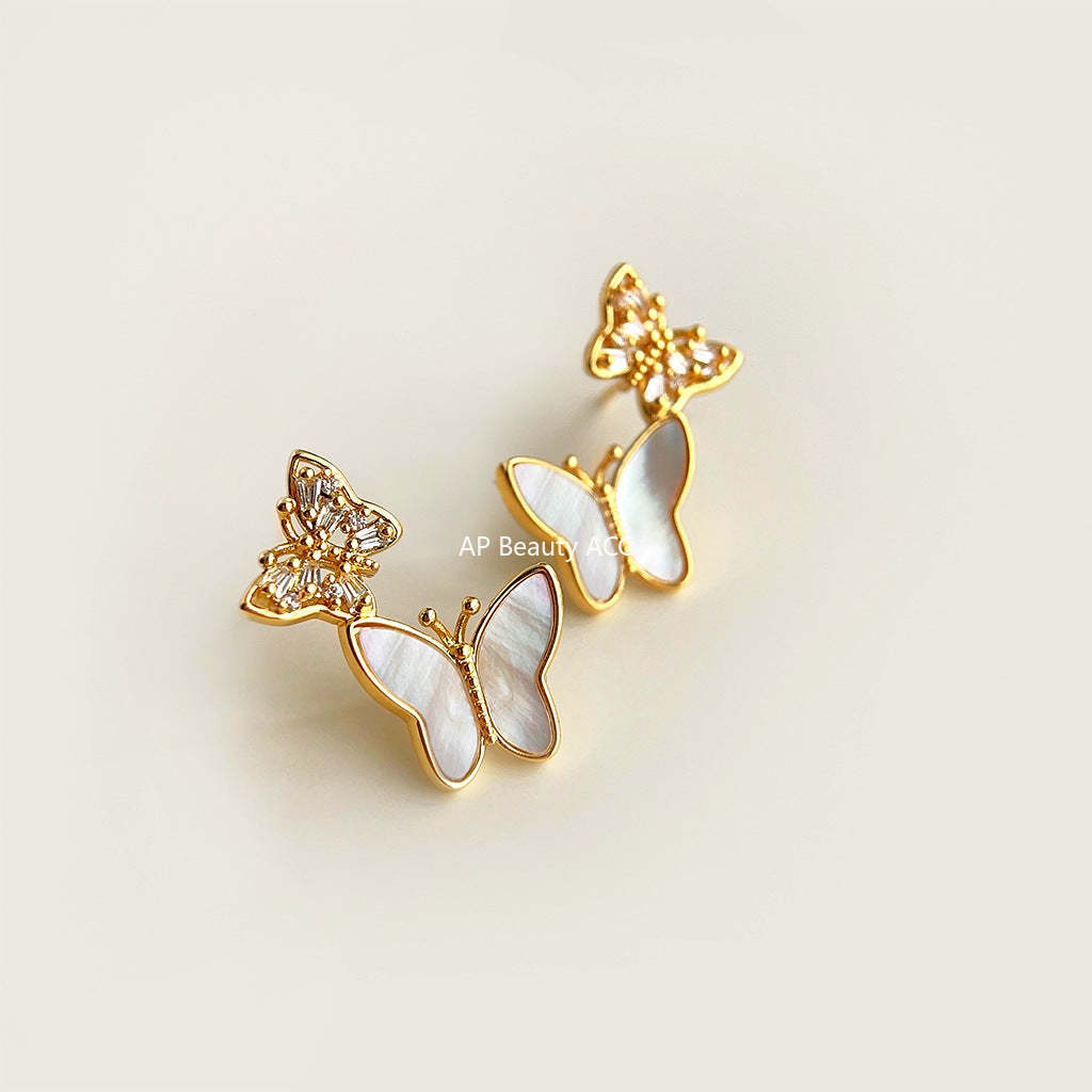 C관 - 자개 큐빅 나비 리본 14K 도금 귀걸이 [4396] 24.07-1
