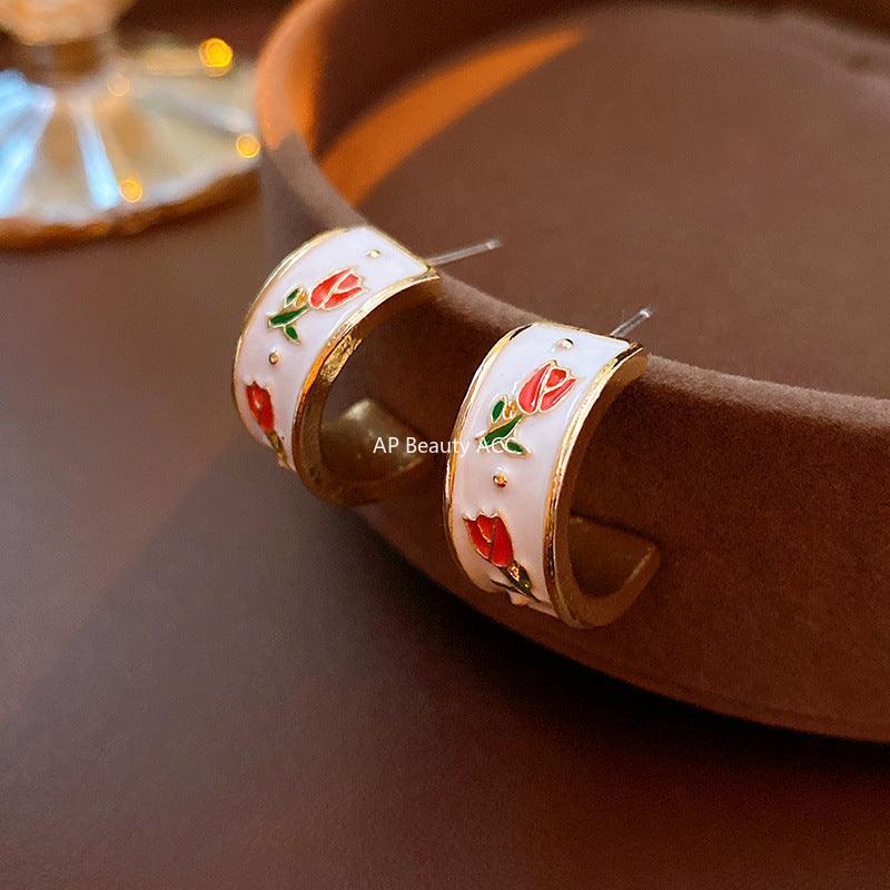 C관 - 오일 코팅 튤립 플라워 디자인 프렌치 레트로 실버 귀걸이 [E8321] 24.03-2